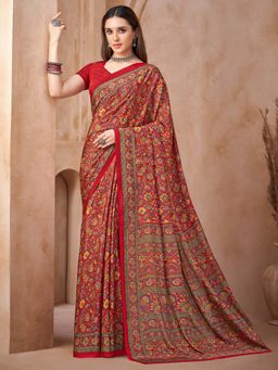 Akhilam - Red Printed Crepe Saree with Unstitched Blouse