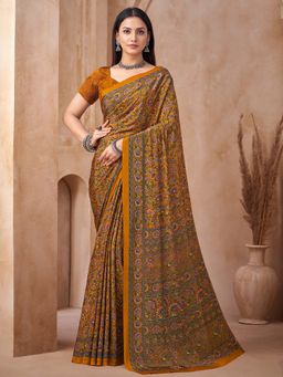Akhilam - Mustard Printed Crepe Saree with Unstitched Blouse