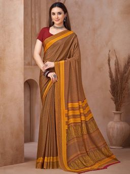 Akhilam - Mustard Printed Crepe Saree with Unstitched Blouse