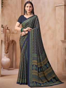 Akhilam - Navy Blue Printed Crepe Saree with Unstitched Blouse