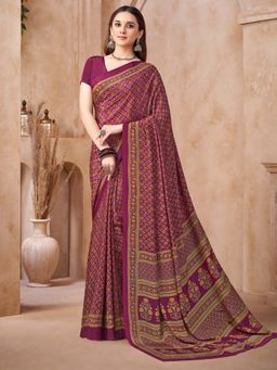 Akhilam - Wine Printed Crepe Saree with Unstitched Blouse