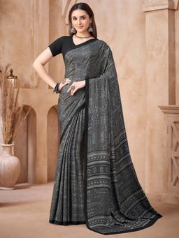 Akhilam - Black Printed Crepe Saree with Unstitched Blouse