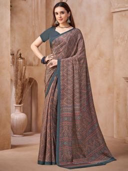 Akhilam - Grey Printed Crepe Saree with Unstitched Blouse