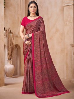 Akhilam - Pink Printed Crepe Saree with Unstitched Blouse