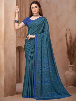 Akhilam - Blue Printed Crepe Saree with Unstitched Blouse