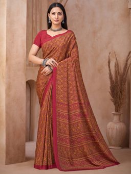 Akhilam - Maroon Printed Crepe Saree with Unstitched Blouse