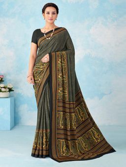 Akhilam - Black Printed Crepe Saree with Unstitched Blouse