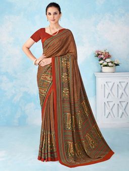 Akhilam - Beige Printed Crepe Saree with Unstitched Blouse