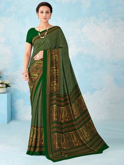 Akhilam - Green Printed Crepe Saree with Unstitched Blouse
