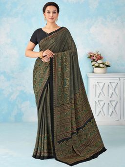 Akhilam - Black Printed Crepe Saree with Unstitched Blouse