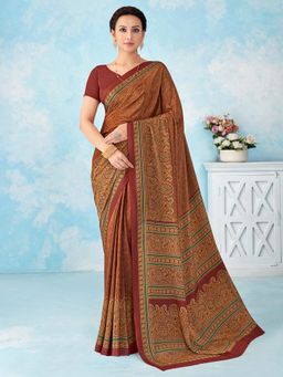 Akhilam - Beige Printed Crepe Saree with Unstitched Blouse