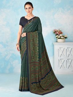 Akhilam - Navy Blue Printed Crepe Saree with Unstitched Blouse