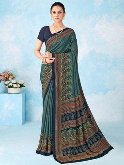 Akhilam - Teal Printed Crepe Saree with Unstitched Blouse
