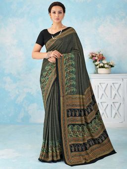 Akhilam - Black Printed Crepe Saree with Unstitched Blouse