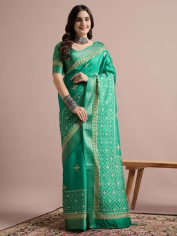 Akhilam - Teal Printed Cotton Blend Saree with Unstitched Blouse