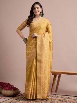 Akhilam - Yellow Printed Cotton Blend Saree with Unstitched Blouse