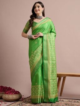 Akhilam - Green Printed Cotton Blend Saree with Unstitched Blouse