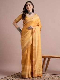 Akhilam - Mustard Printed Cotton Blend Saree with Unstitched Blouse