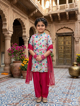 Kinder Kids - Girls Green Printed Cotton Kurti and Pajama with Dupatta