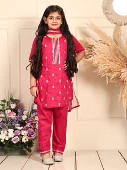 Kinder Kids - Girls Pink Printed Cotton Kurta and Pant with Dupatta