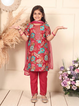 Kinder Kids - Girls Red Floral Cotton Kurta and Pant with Dupatta