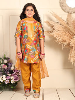 Kinder Kids - Girls Yellow Floral Cotton Kurta and Pant with Dupatta