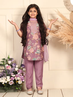 Kinder Kids - Girls Purple Floral Cotton Kurta and Pant with Dupatta