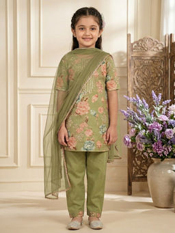 Kinder Kids - Girls Green Floral Cotton Kurta and Pant with Dupatta