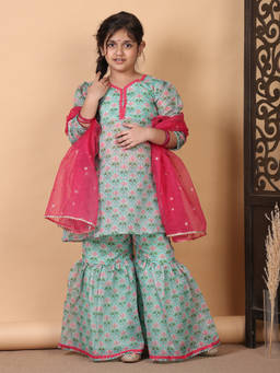 Kinder Kids - Girls Green Printed Cotton Kurti and Sharara with Dupatta
