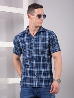 CRIMSOUNE CLUB - Men Blue Checked Pure Cotton Shirt