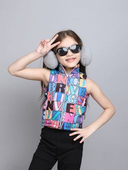 Taffy - Alphabet Printed Sleeveless High Neck Zip Up Jacket