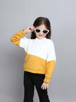 Taffy - White and Yellow Colorblock Full Sleeves Quilted Sweatshirt