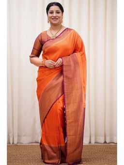 Anjaneya Sarees - Banarasi Woven Orange Saree With Unstitched Blouse
