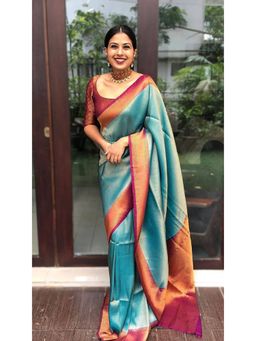 Anjaneya Sarees - Banarasi Woven Teal Saree With Unstitched Blouse