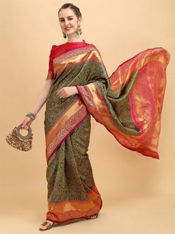 Anjaneya Sarees - Banarasi Woven Green Saree With Unstitched Blouse