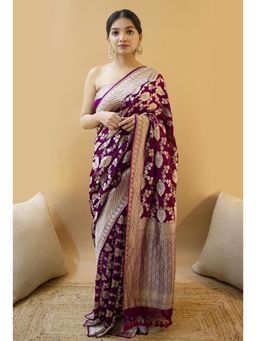 Anjaneya Sarees - Banarasi Woven Purple Saree With Unstitched Blouse