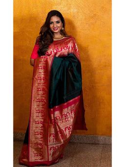 Anjaneya Sarees - Banarasi Woven Green Saree With Unstitched Blouse
