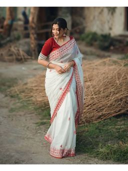 Anjaneya Sarees - Cotton Woven White Saree With Unstitched Blouse