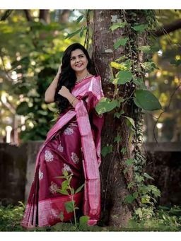 Anjaneya Sarees - Banarasi Woven Purple Saree With Unstitched Blouse