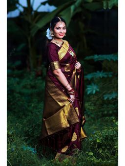 Anjaneya Sarees - Banarasi Woven Maroon Saree With Unstitched Blouse