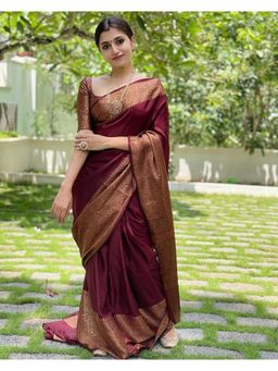Anjaneya Sarees - Banarasi Woven Maroon Saree With Unstitched Blouse