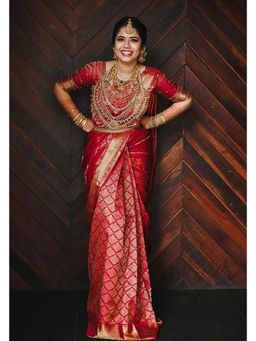 Anjaneya Sarees - Banarasi Woven Red Saree With Unstitched Blouse
