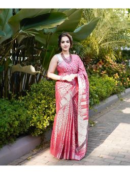 Anjaneya Sarees - Banarasi Floral Pink Saree With Unstitched Blouse
