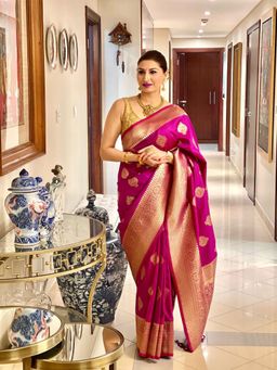 Anjaneya Sarees - Banarasi Woven Pink Saree With Unstitched Blouse