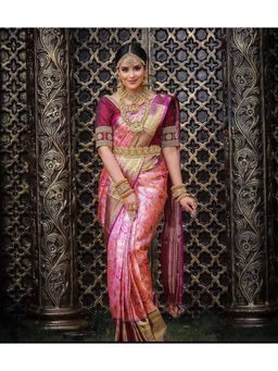 Anjaneya Sarees - Banarasi Floral Pink Saree With Unstitched Blouse