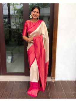 Anjaneya Sarees - Banarasi Woven Cream Saree With Unstitched Blouse