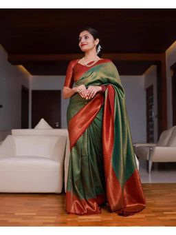 Anjaneya Sarees - Banarasi Woven Green Saree With Unstitched Blouse