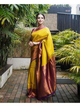 Anjaneya Sarees - Banarasi Woven Yellow Saree With Unstitched Blouse
