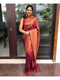 Anjaneya Sarees - Banarasi Woven Red Saree With Unstitched Blouse