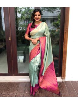 Anjaneya Sarees - Banarasi Woven Green Saree With Unstitched Blouse